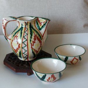 VINTAGE RARE UZBEKISTAN RED POTTERY CERAMIC  PITCHER AND 2 CUP/BOWL SET